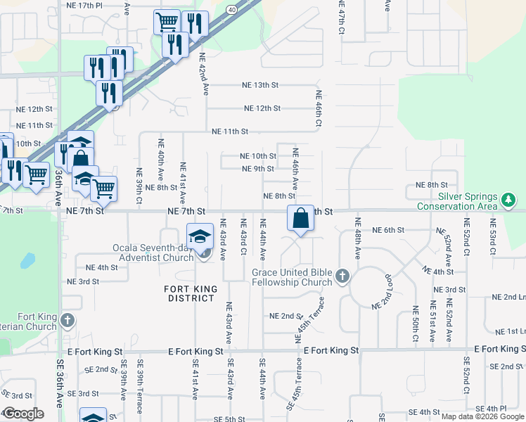 map of restaurants, bars, coffee shops, grocery stores, and more near 4348 Northeast 7th Street in Ocala