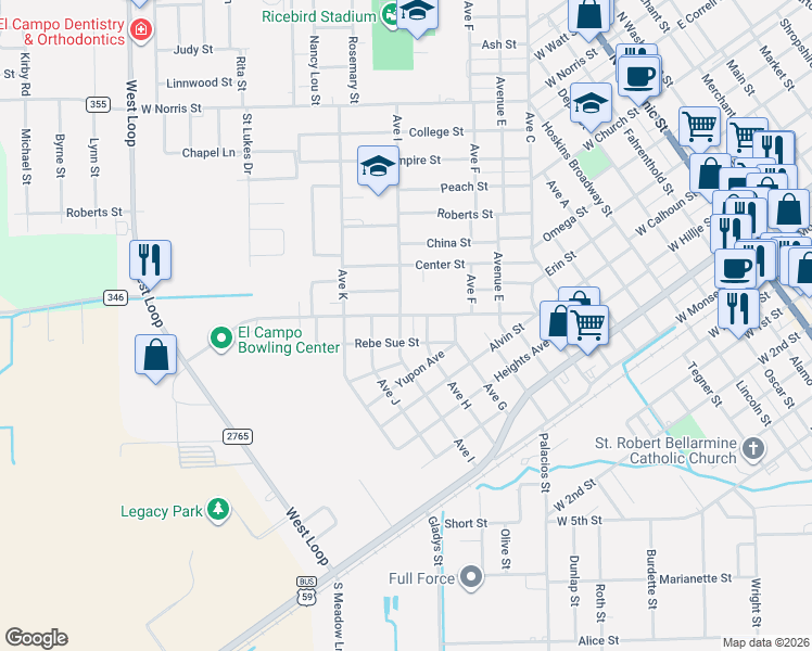 map of restaurants, bars, coffee shops, grocery stores, and more near 1301 Rebe Sue Street in El Campo