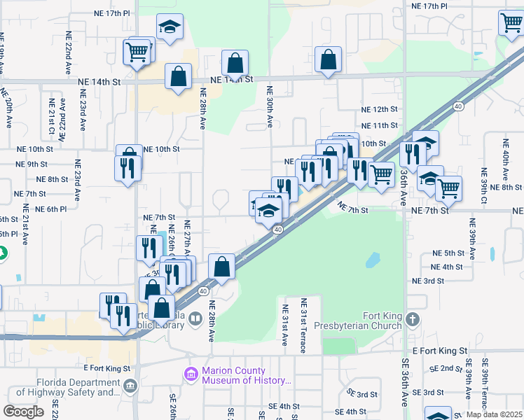 map of restaurants, bars, coffee shops, grocery stores, and more near 3001 East Silver Springs Boulevard in Ocala