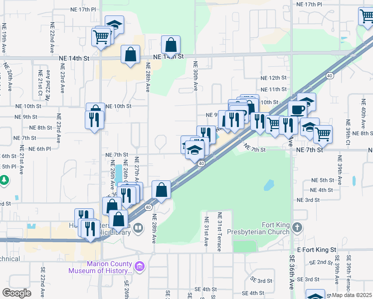 map of restaurants, bars, coffee shops, grocery stores, and more near 2945 Northeast 3rd Street in Ocala