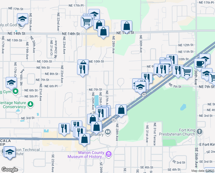 map of restaurants, bars, coffee shops, grocery stores, and more near 2723 Northeast 6th Street in Ocala