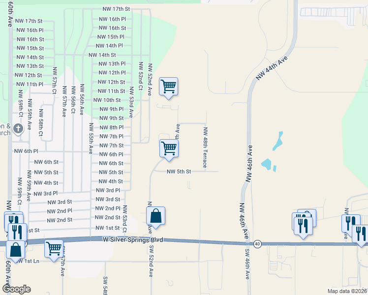 map of restaurants, bars, coffee shops, grocery stores, and more near 633 Northwest 50th Avenue in Ocala