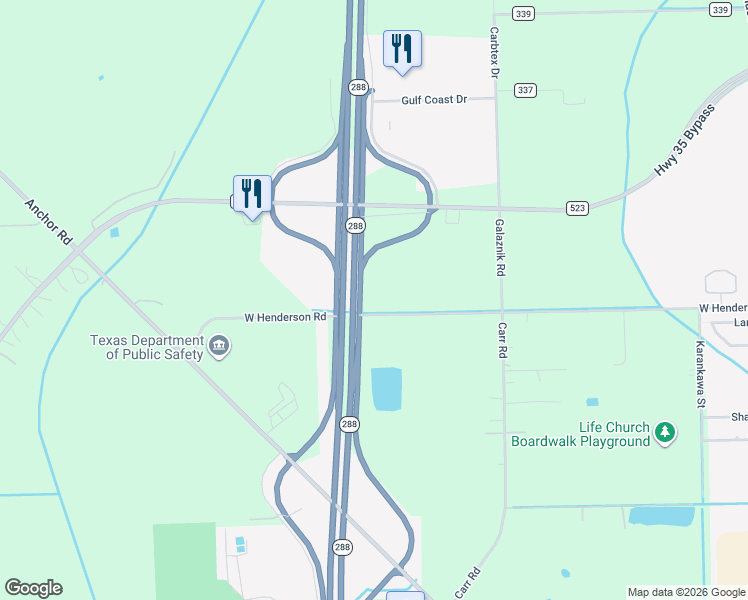 map of restaurants, bars, coffee shops, grocery stores, and more near West Henderson Road in Angleton