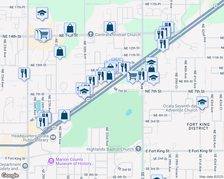 map of restaurants, bars, coffee shops, grocery stores, and more near 3200 East Silver Springs Boulevard in Ocala