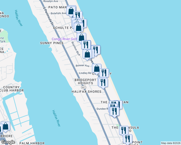 map of restaurants, bars, coffee shops, grocery stores, and more near 2222 Jimmy Buffett Memorial Highway in Daytona Beach Shores