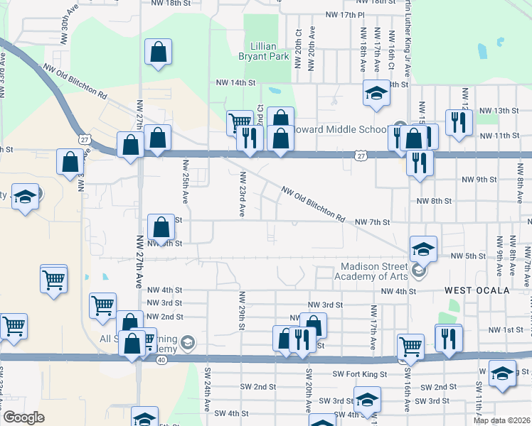 map of restaurants, bars, coffee shops, grocery stores, and more near 2236 Northwest 8th Street in Ocala