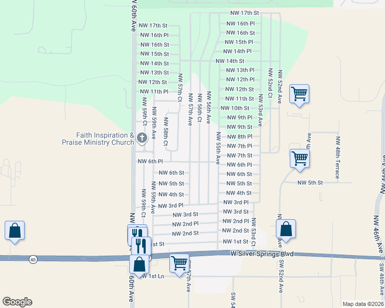 map of restaurants, bars, coffee shops, grocery stores, and more near 695 Northwest 57th Avenue in Ocala