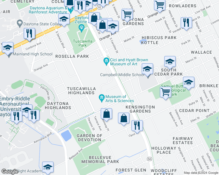 map of restaurants, bars, coffee shops, grocery stores, and more near 1040 Cedar Street in Daytona Beach