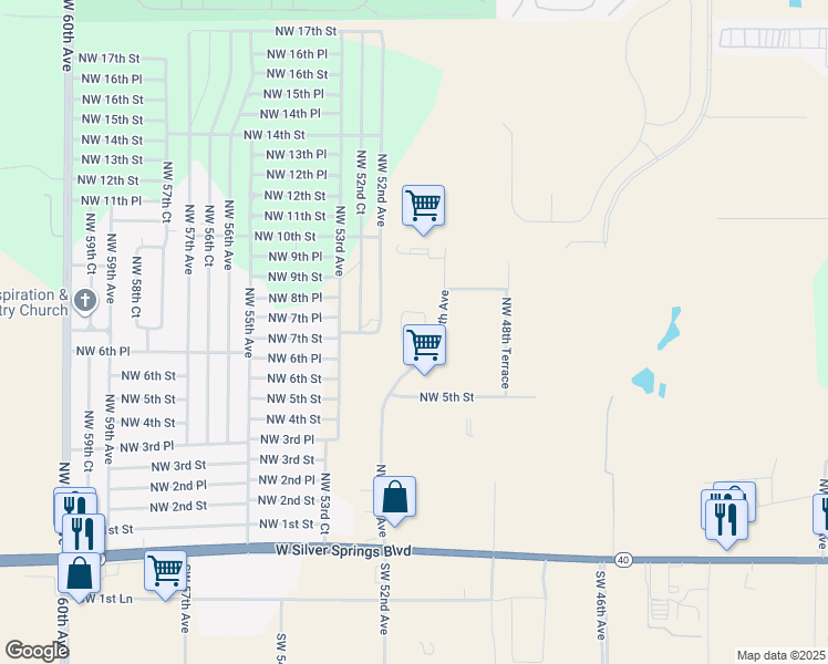 map of restaurants, bars, coffee shops, grocery stores, and more near 520 Northwest 52nd Avenue in Ocala