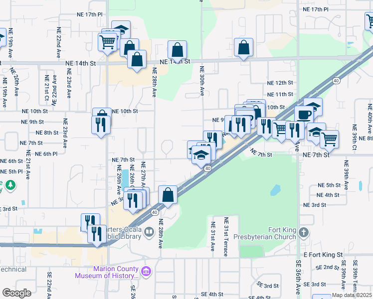 map of restaurants, bars, coffee shops, grocery stores, and more near 2935 Northeast 7th Street in Ocala