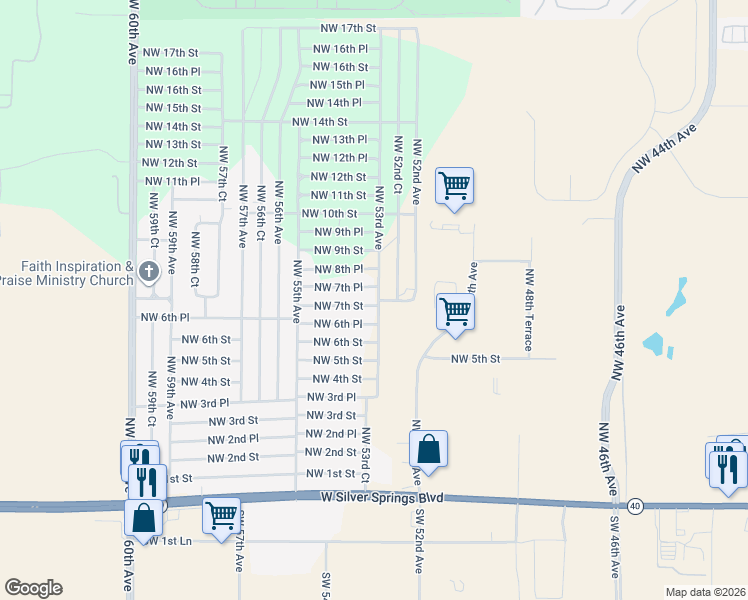 map of restaurants, bars, coffee shops, grocery stores, and more near 773 Northwest 52nd Court in Ocala