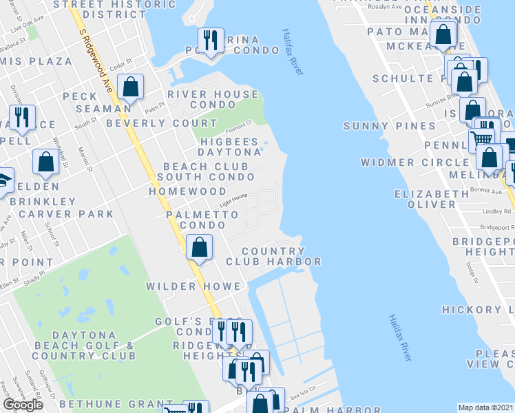 map of restaurants, bars, coffee shops, grocery stores, and more near 1025 South Beach Street in Daytona Beach