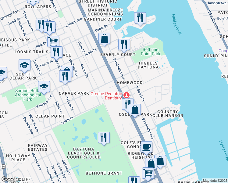 map of restaurants, bars, coffee shops, grocery stores, and more near 912 South Ridgewood Avenue in Daytona Beach