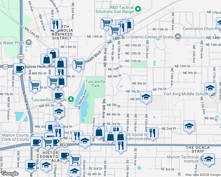 map of restaurants, bars, coffee shops, grocery stores, and more near 809 Northeast 8th Avenue in Ocala