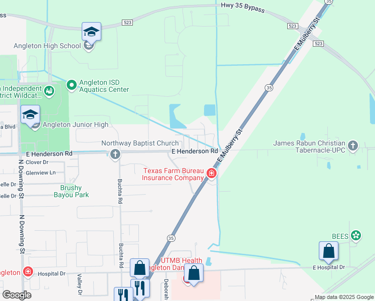 map of restaurants, bars, coffee shops, grocery stores, and more near 1749 East Henderson Road in Angleton