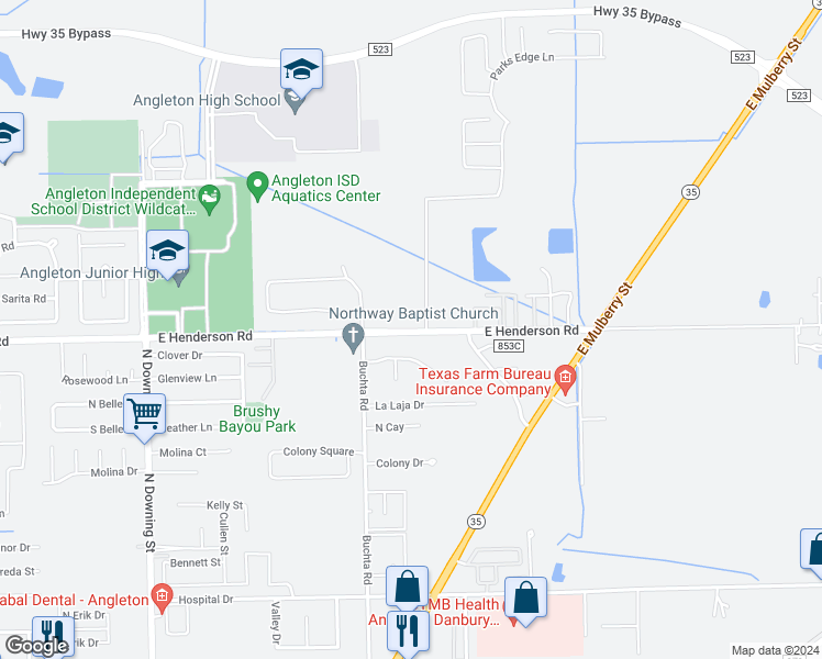 map of restaurants, bars, coffee shops, grocery stores, and more near 1601 East Henderson Road in Angleton