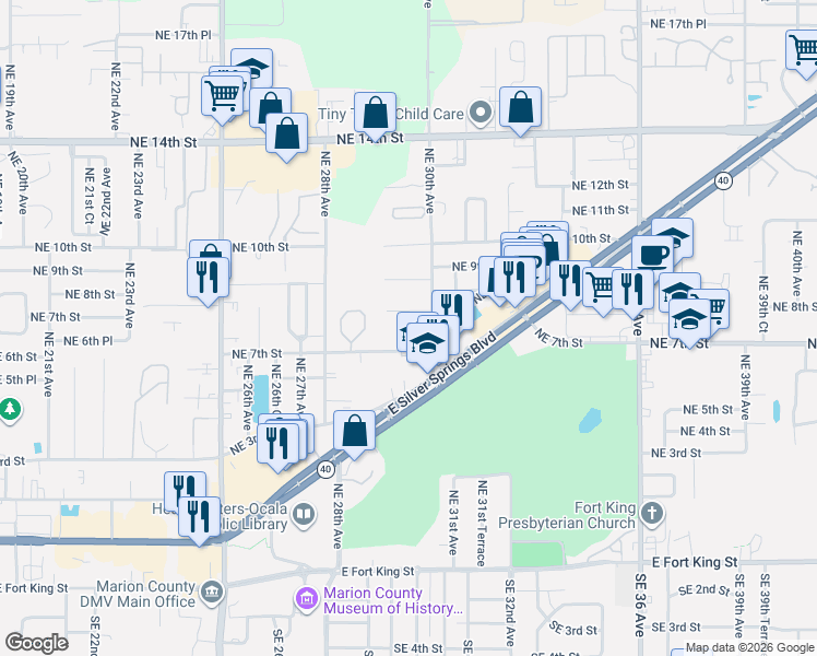 map of restaurants, bars, coffee shops, grocery stores, and more near 720 Northeast 30th Avenue in Ocala