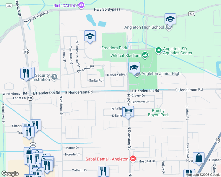 map of restaurants, bars, coffee shops, grocery stores, and more near 64 Ranch House Loop in Angleton