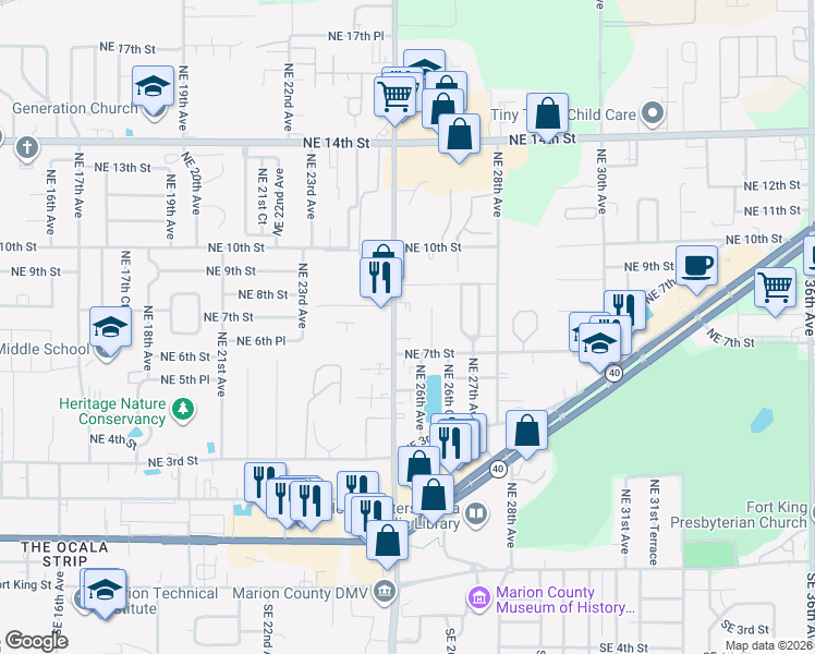 map of restaurants, bars, coffee shops, grocery stores, and more near 735 Northeast 25th Avenue in Ocala