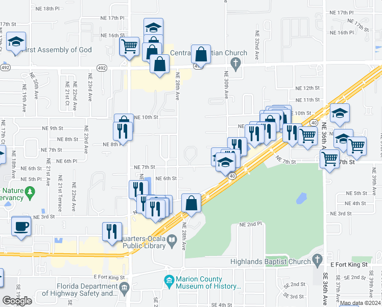 map of restaurants, bars, coffee shops, grocery stores, and more near 2833 Northeast 7th Street in Ocala
