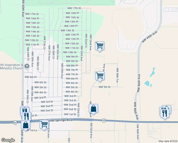 map of restaurants, bars, coffee shops, grocery stores, and more near 760 Northwest 52nd Avenue in Ocala