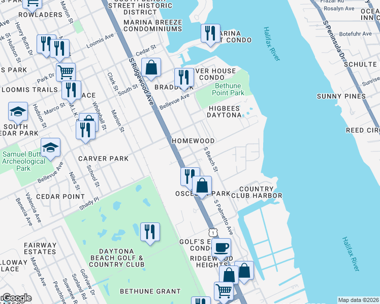 map of restaurants, bars, coffee shops, grocery stores, and more near 938 South Ridgewood Avenue in Daytona Beach