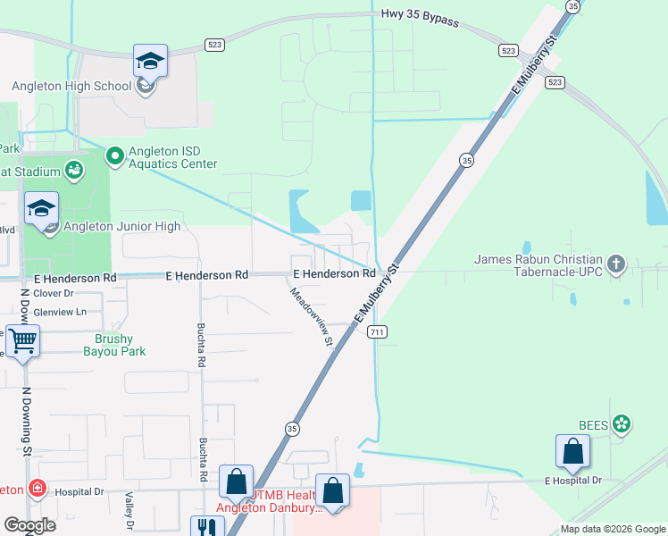 map of restaurants, bars, coffee shops, grocery stores, and more near 1747 East Henderson Road in Angleton