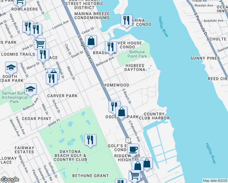 map of restaurants, bars, coffee shops, grocery stores, and more near 938 South Ridgewood Avenue in Daytona Beach