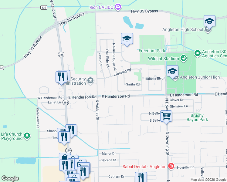 map of restaurants, bars, coffee shops, grocery stores, and more near 104 Trail Ride Road in Angleton