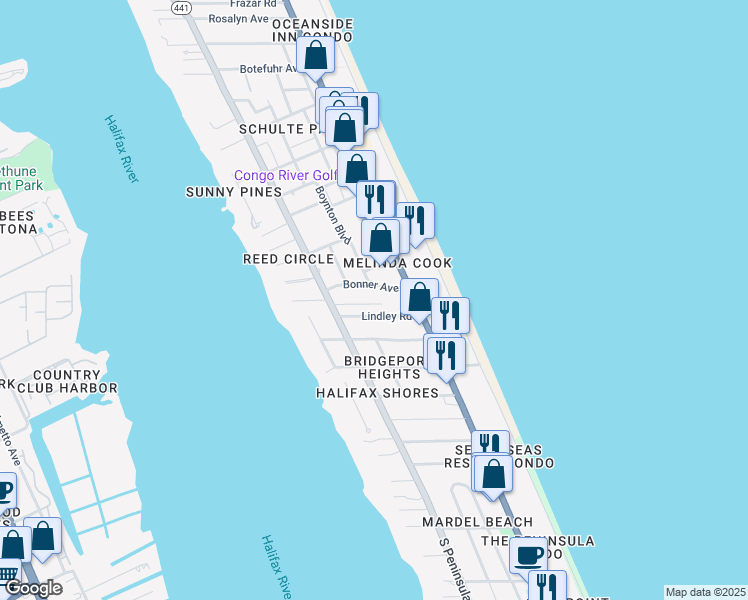 map of restaurants, bars, coffee shops, grocery stores, and more near 11 Robben Terrace in Daytona Beach