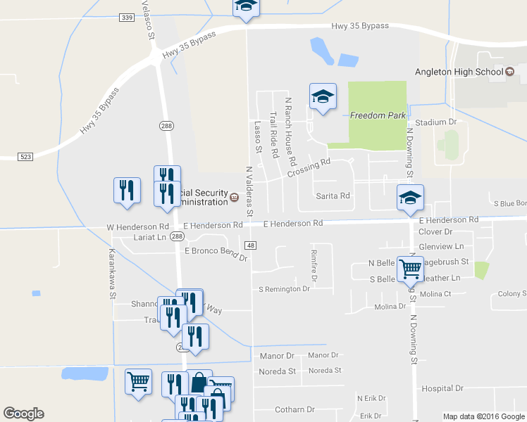 map of restaurants, bars, coffee shops, grocery stores, and more near 109 Lasso Street in Angleton