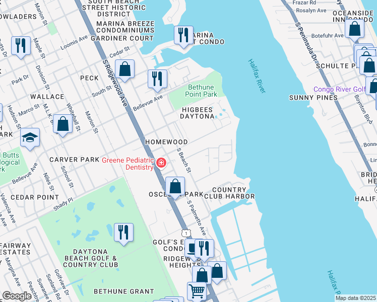 map of restaurants, bars, coffee shops, grocery stores, and more near 1001 South Beach Street in Daytona Beach