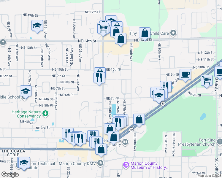 map of restaurants, bars, coffee shops, grocery stores, and more near 735 Northeast 25th Avenue in Ocala