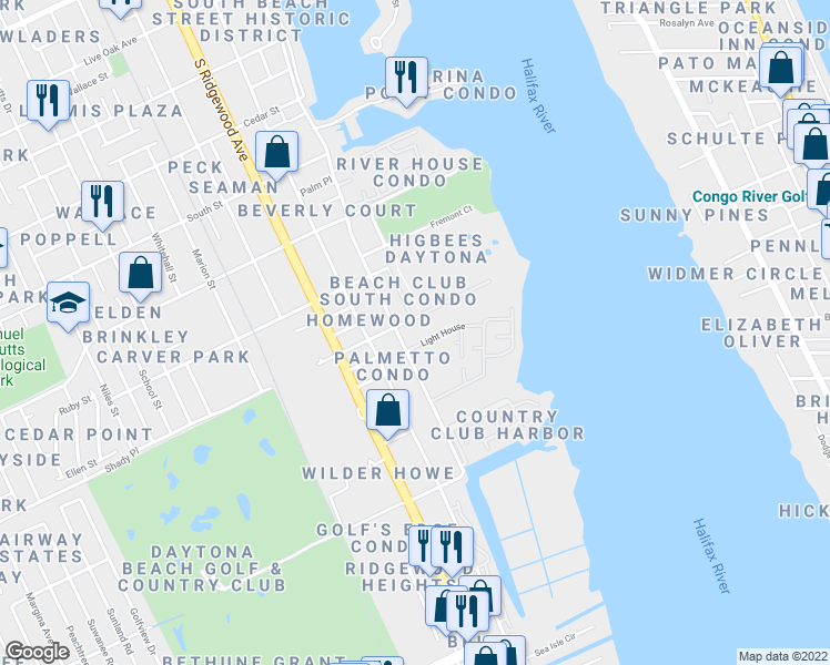 map of restaurants, bars, coffee shops, grocery stores, and more near 1001 South Beach Street in Daytona Beach