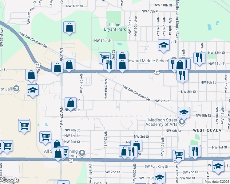 map of restaurants, bars, coffee shops, grocery stores, and more near 2236 Northwest 8th Street in Ocala