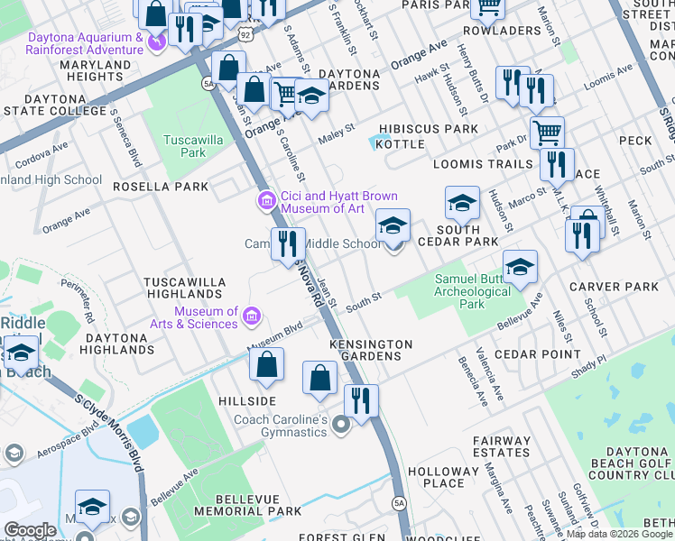 map of restaurants, bars, coffee shops, grocery stores, and more near 608 South Caroline Street in Daytona Beach