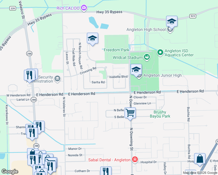 map of restaurants, bars, coffee shops, grocery stores, and more near 64 Ranch House Loop in Angleton
