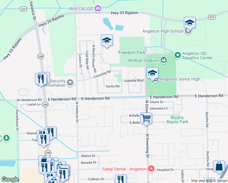 map of restaurants, bars, coffee shops, grocery stores, and more near 41 Ranch House Loop in Angleton
