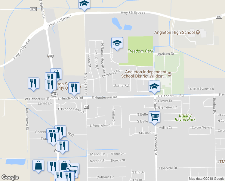 map of restaurants, bars, coffee shops, grocery stores, and more near 27 Ranch House Loop in Angleton