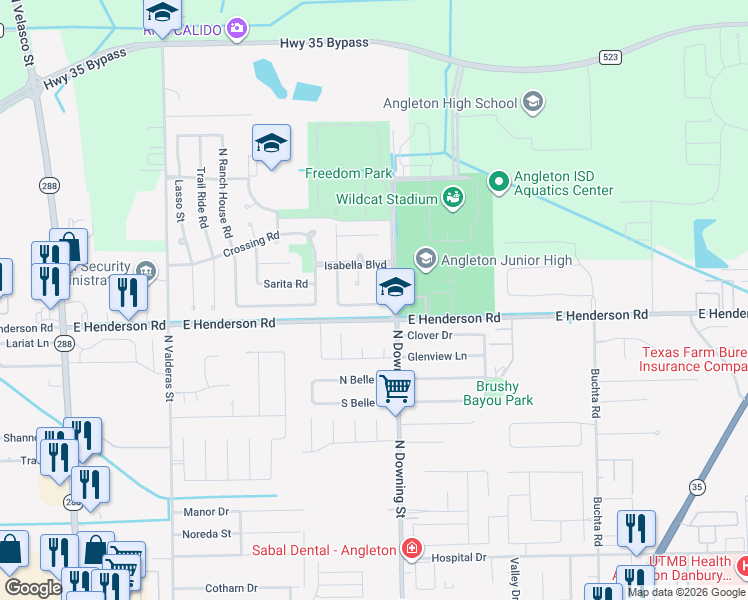 map of restaurants, bars, coffee shops, grocery stores, and more near 20 Wagon Lane Loop in Angleton