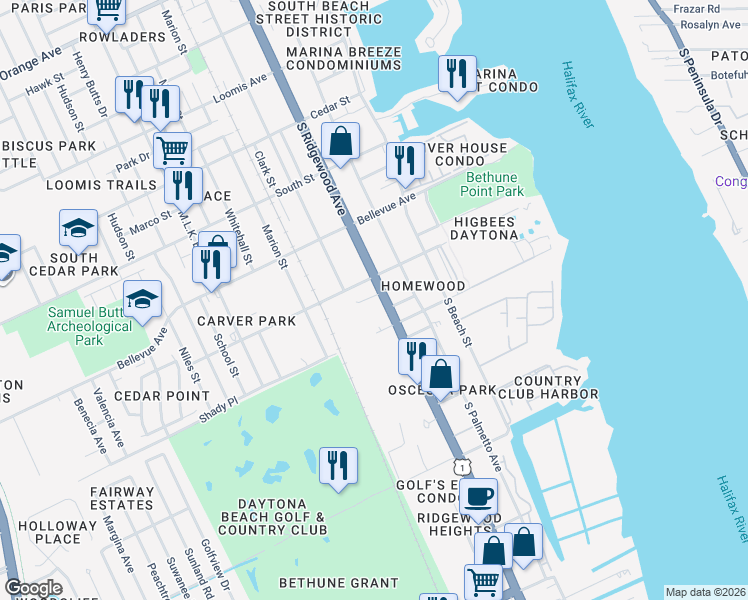 map of restaurants, bars, coffee shops, grocery stores, and more near 920 South Ridgewood Avenue in Daytona Beach