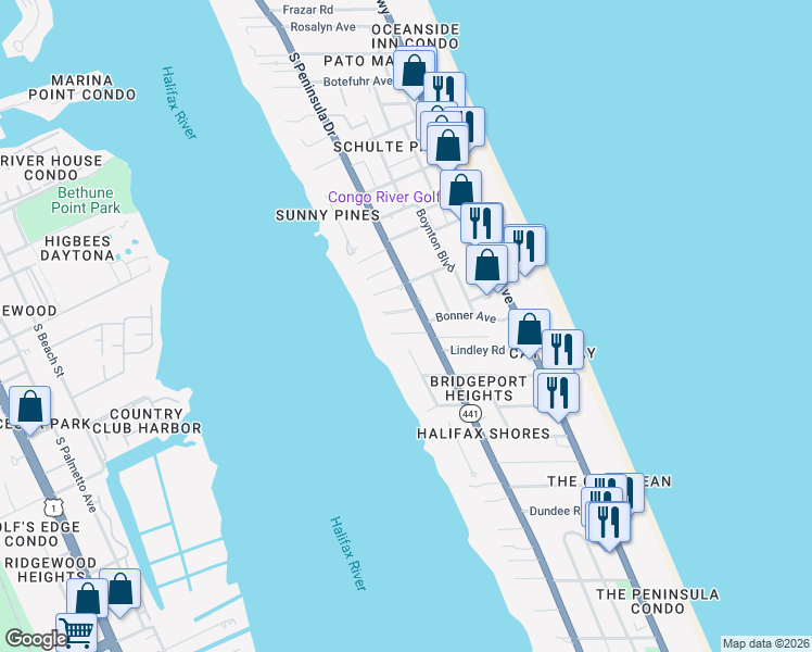 map of restaurants, bars, coffee shops, grocery stores, and more near 19 Elizabeth Lane in Daytona Beach
