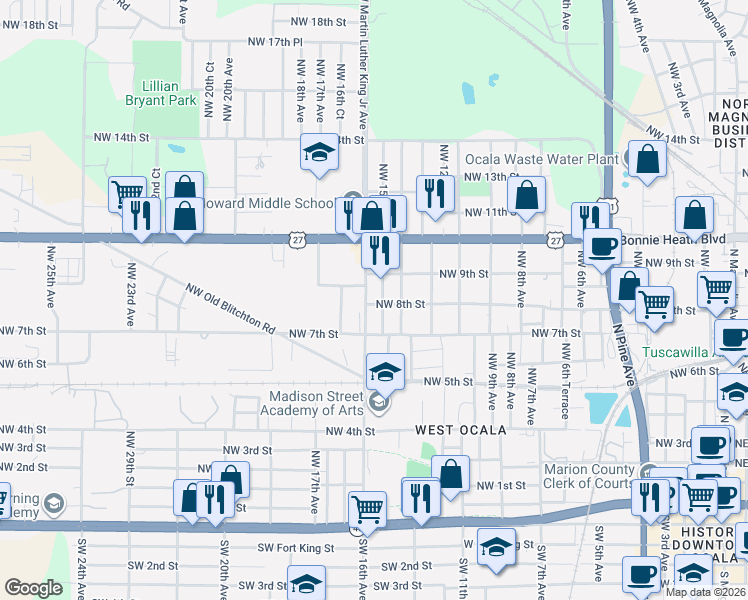 map of restaurants, bars, coffee shops, grocery stores, and more near 1511 Northwest 8th Street in Ocala