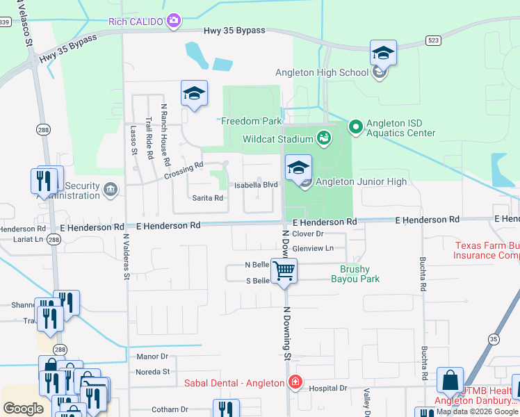 map of restaurants, bars, coffee shops, grocery stores, and more near 20 Wagon Lane Loop in Angleton
