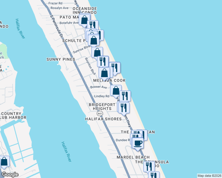 map of restaurants, bars, coffee shops, grocery stores, and more near 2222 Jimmy Buffett Memorial Highway in Daytona Beach Shores
