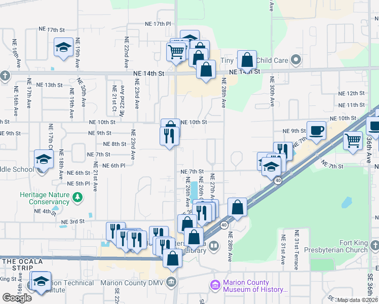 map of restaurants, bars, coffee shops, grocery stores, and more near 735 Northeast 25th Avenue in Ocala
