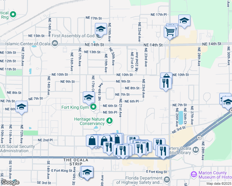 map of restaurants, bars, coffee shops, grocery stores, and more near 639 Northeast 21st Avenue in Ocala