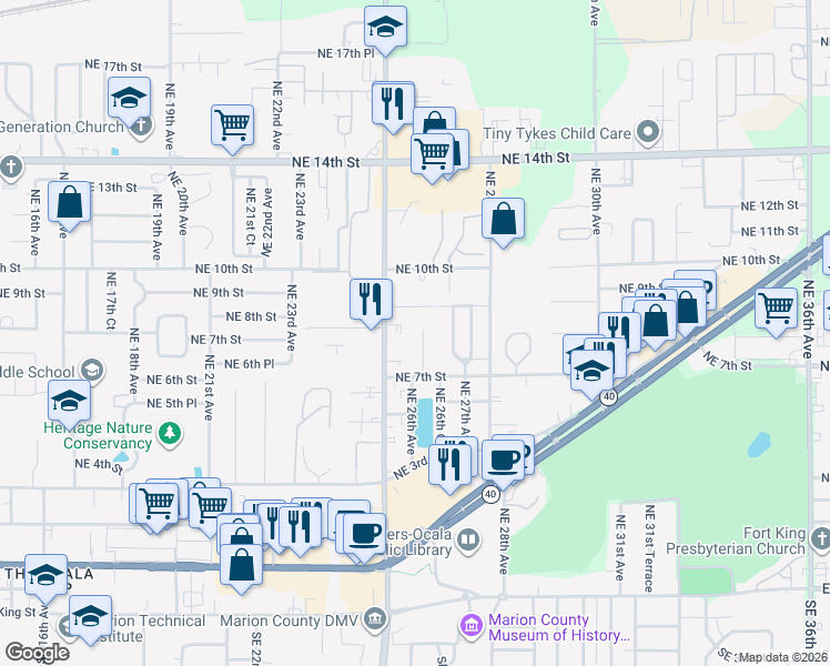 map of restaurants, bars, coffee shops, grocery stores, and more near 735 Northeast 25th Avenue in Ocala