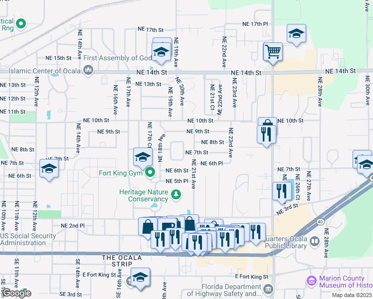 map of restaurants, bars, coffee shops, grocery stores, and more near 639 Northeast 21st Avenue in Ocala