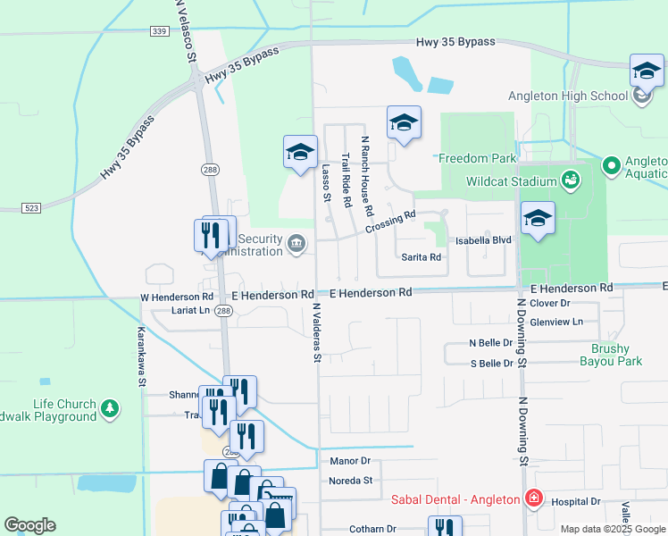 map of restaurants, bars, coffee shops, grocery stores, and more near 109 Lasso Street in Angleton